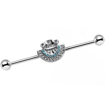14 Gauge Blue Zircon Gem Aztec Tribal Fan industrial Barbell 38mm