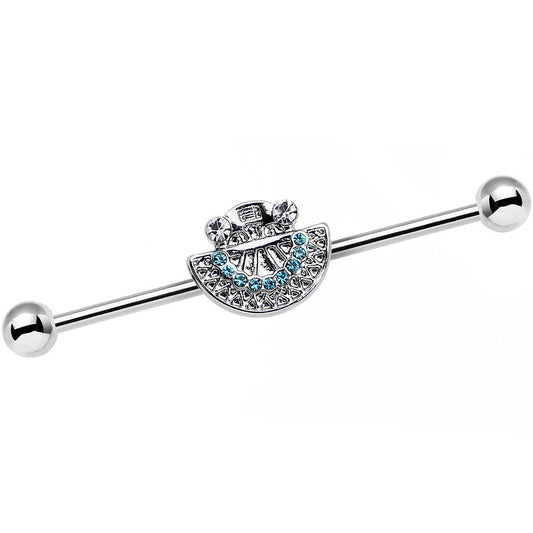 14 Gauge Blue Zircon Gem Aztec Tribal Fan industrial Barbell 38mm