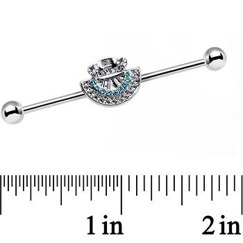 14 Gauge Blue Zircon Gem Aztec Tribal Fan industrial Barbell 38mm