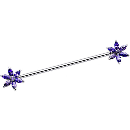14 Gauge Purple CZ Pimpernel Flower Ends Industrial Barbell 40mm