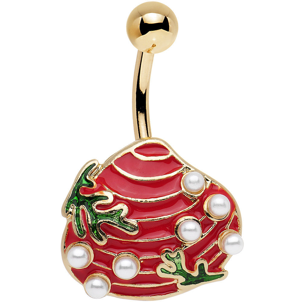 White Orb Gold PVD Red and Green Seashell Belly Ring