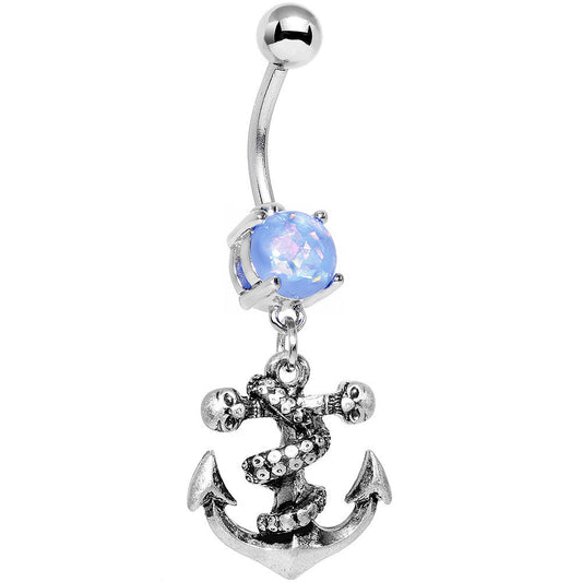 Light Blue Faux Opal Pirate Skull Nautical Anchor Dangle Belly Ring