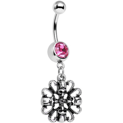 Pink Gem Quadruple Halloween Skull and Snake Dangle Belly Ring