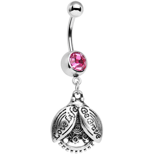 Pink Gem Love Life Be Brave Leaf Steampunk Gears Dangle Belly Ring