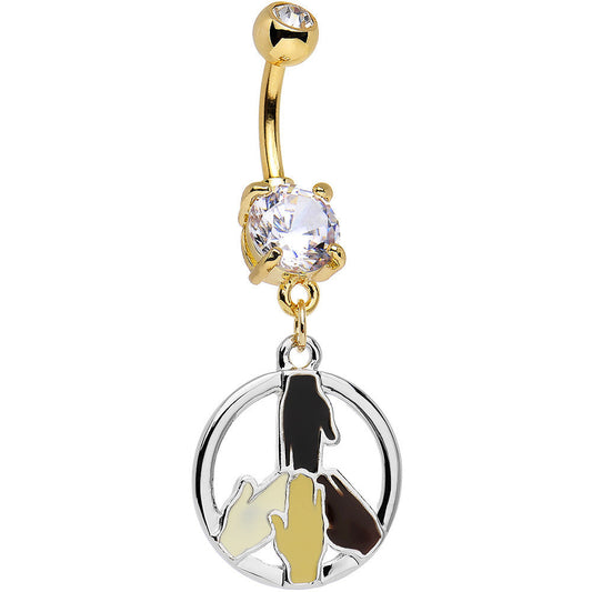 Clear Gem Gold PVD All Hands in For Peace Sign Dangle Belly Ring