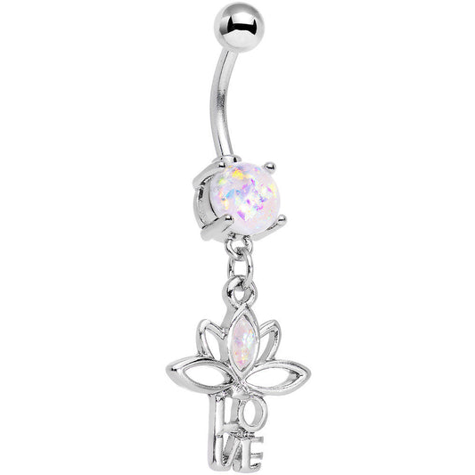 White Faux Opal Framework Love Lotus Flower Dangle Belly Ring