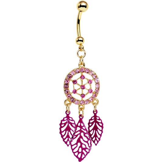 Pink Gem Gold Anodized Steel Dream Leaf Dangle Belly Ring