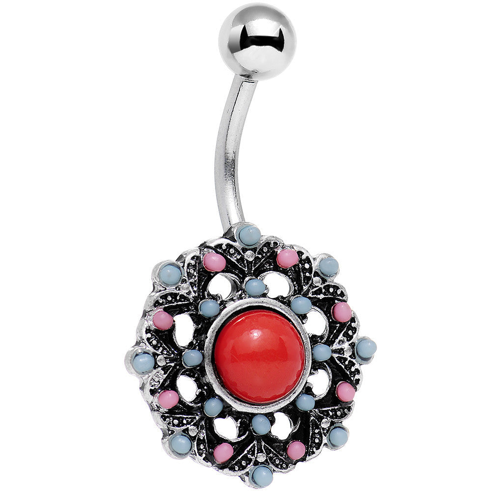 Red Blue Faux Turquoise Southwestern Flower Belly Ring