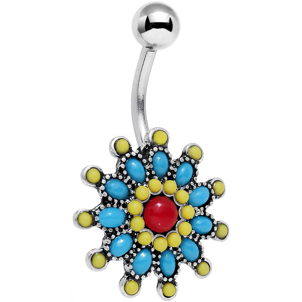 Red Blue Faux Turquoise Southwestern Power Flower Belly Ring