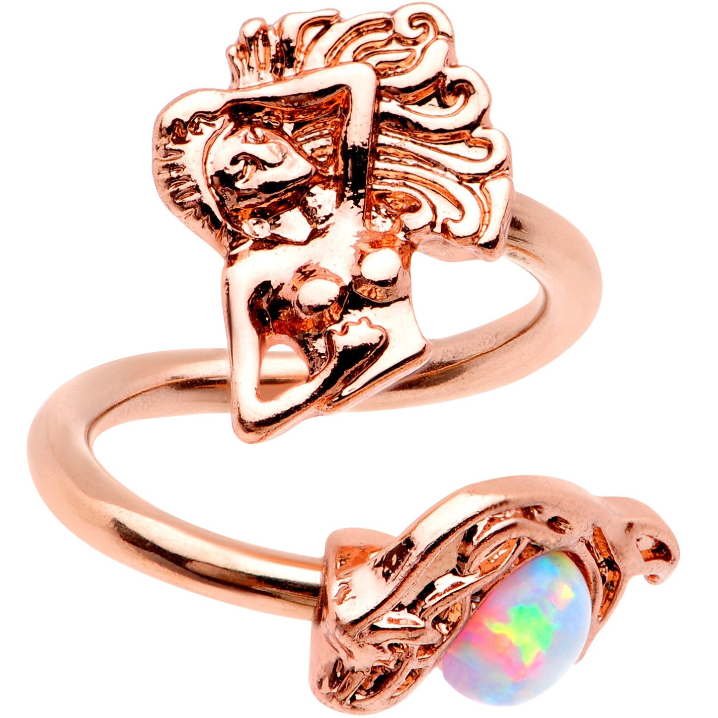 White Synthetic Opal Rose Gold PVD Mermaid Spiral Twister Belly Ring