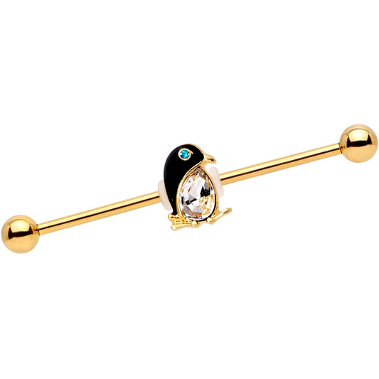 Clear Teal Gem Gold PVD Bling Bling Penguin Industrial Barbell 38mm