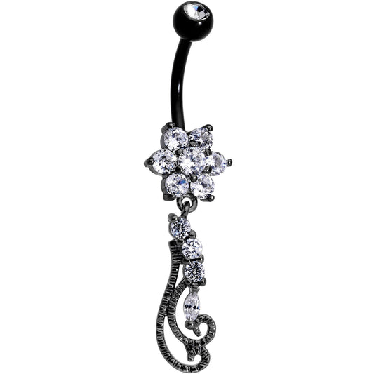 Clear Gem Black Anodized Filigree Flower Swirl Dangle Belly Ring