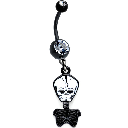 Clear Gem Black Anodized Mister Skull and Bones Dangle Belly Ring