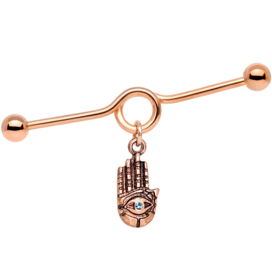 Aqua Gem Rose Gold Tone Hamsa Eye Industrial Barbell 38mm