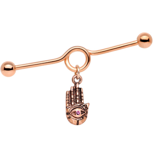 Pink Gem Rose Gold Tone Hamsa Eye Industrial Barbell 38mm