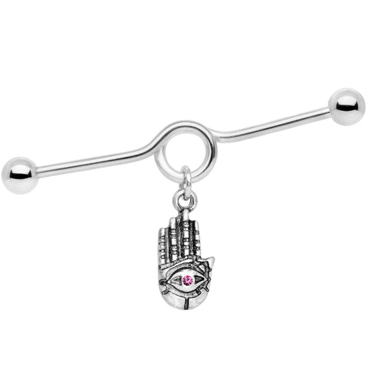 Pink Gem Hamsa Eye Industrial Barbell 38mm