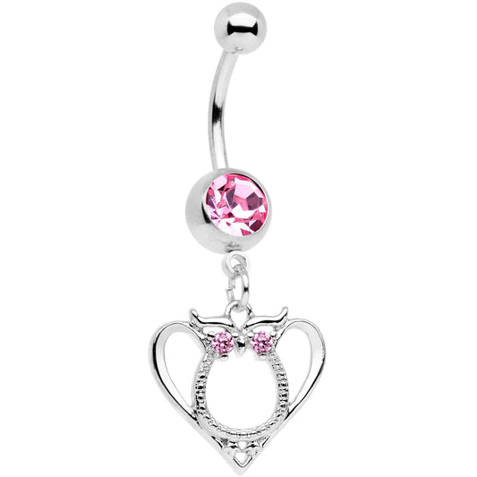 Pink Gem Owl Valentines Day Heart Dangle Belly Ring