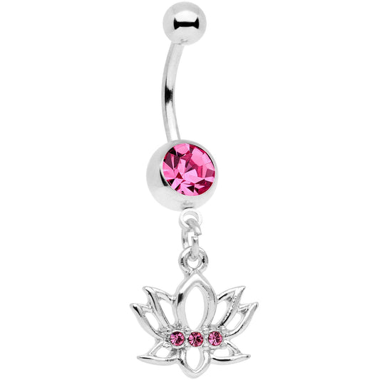 Pink Gem Live Love Lotus Flower Dangle Belly Ring