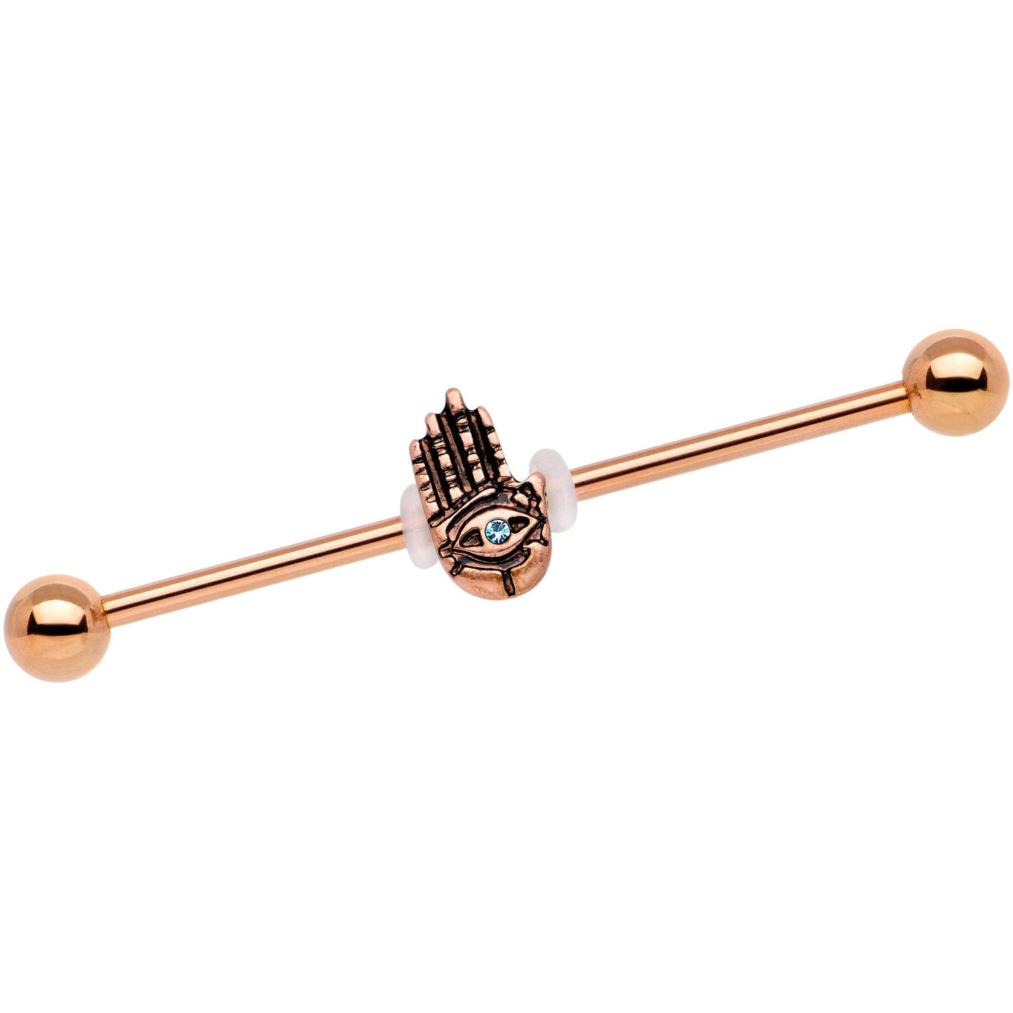 Aqua Gem Rose Gold Tone Hamsa Eye Industrial Barbell 38mm