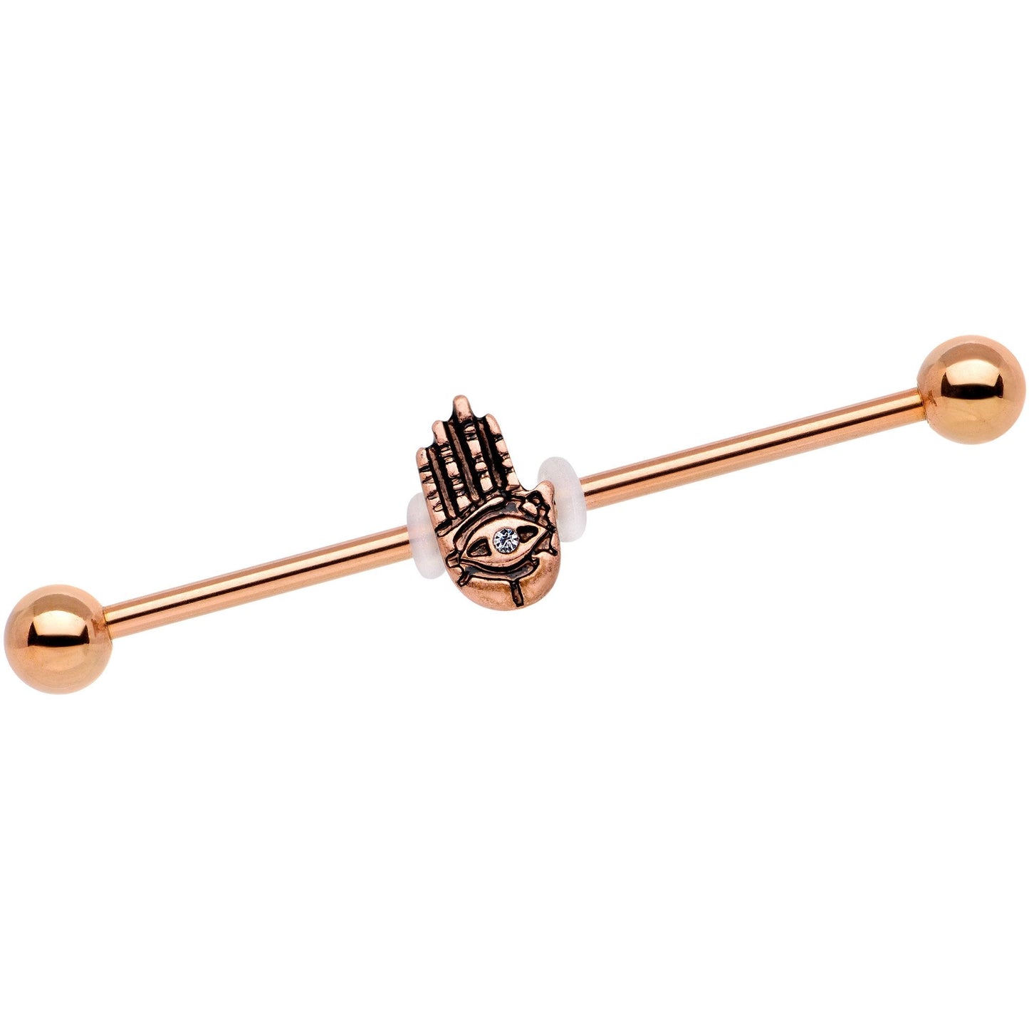 Clear Gem Rose Gold Tone Hamsa Eye Industrial Barbell 38mm