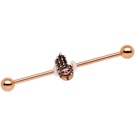 Pink Gem Rose Gold Tone Hamsa Eye Industrial Barbell 38mm