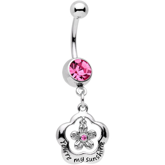 Pink Gem Youre My Sunshine Flower Dangle Belly Ring