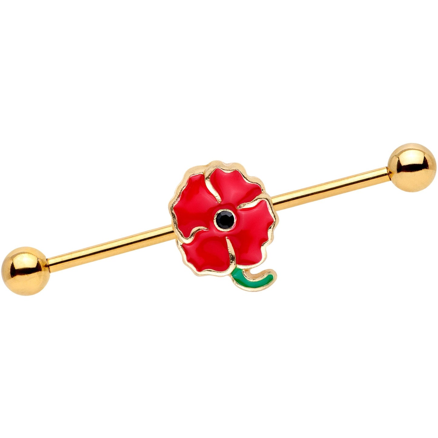 14 Gauge Clear Gem Gold PVD Red Flower Industrial Barbell 38mm