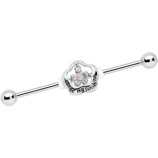 14 Gauge Pink Gem Flower My Sunshine Straight Industrial Barbell 38mm