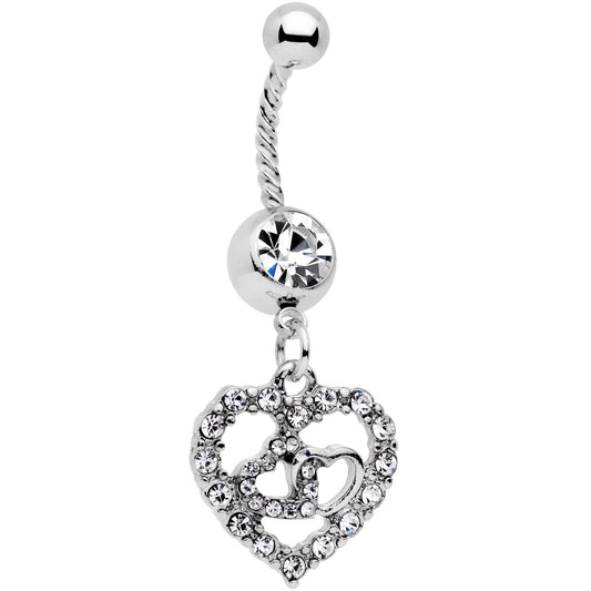 Clear Gem Dazzling Heart Valentine Twisted Dangle Belly Ring