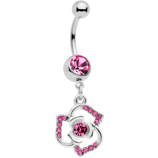 Pink Gem Single Rose Flower Dangle Belly Ring