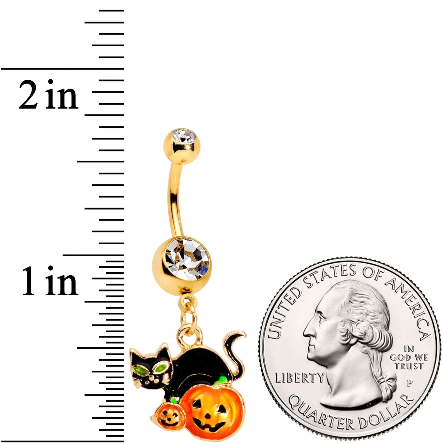 Clear Gem Gold Tone Black Cat Jack O Lantern Dangle Belly Ring