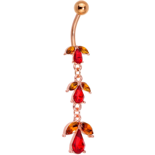 Red CZ Gem Rose Gold Tone Triple Teardrop Dangle Belly Ring