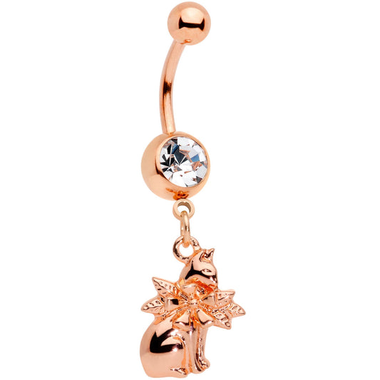 Clear Gem Rose Gold Tone Kitty Cat With A Corsage Dangle Belly Ring