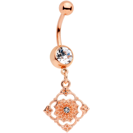 Clear Gem Rose Gold Tone Art Deco Elegance Dangle Belly Ring