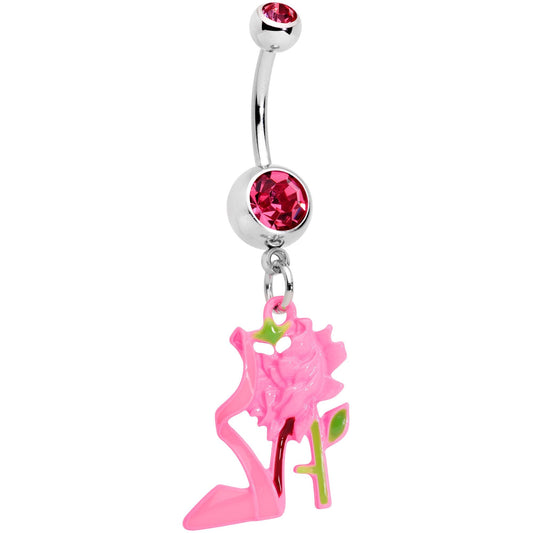 Pink Gems Tricolor Rose Flower and Stiletto Heel Dangle Belly Ring