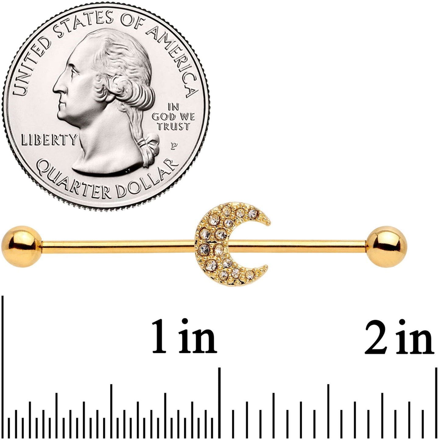 14 Gauge Clear Gem Gold Tone Crescent Moon Industrial Barbell 38mm