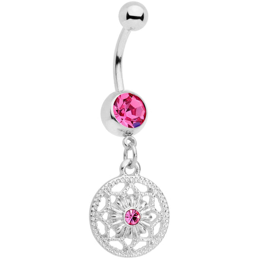 Pink Gem Ring Around a Snowflake Dangle Belly Ring