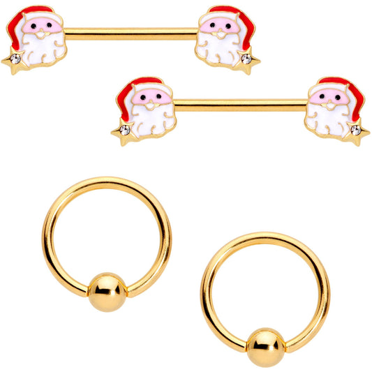 14 Gauge 1/2 Gold Tone Santa Captive Barbell Nipple Ring Set of 4