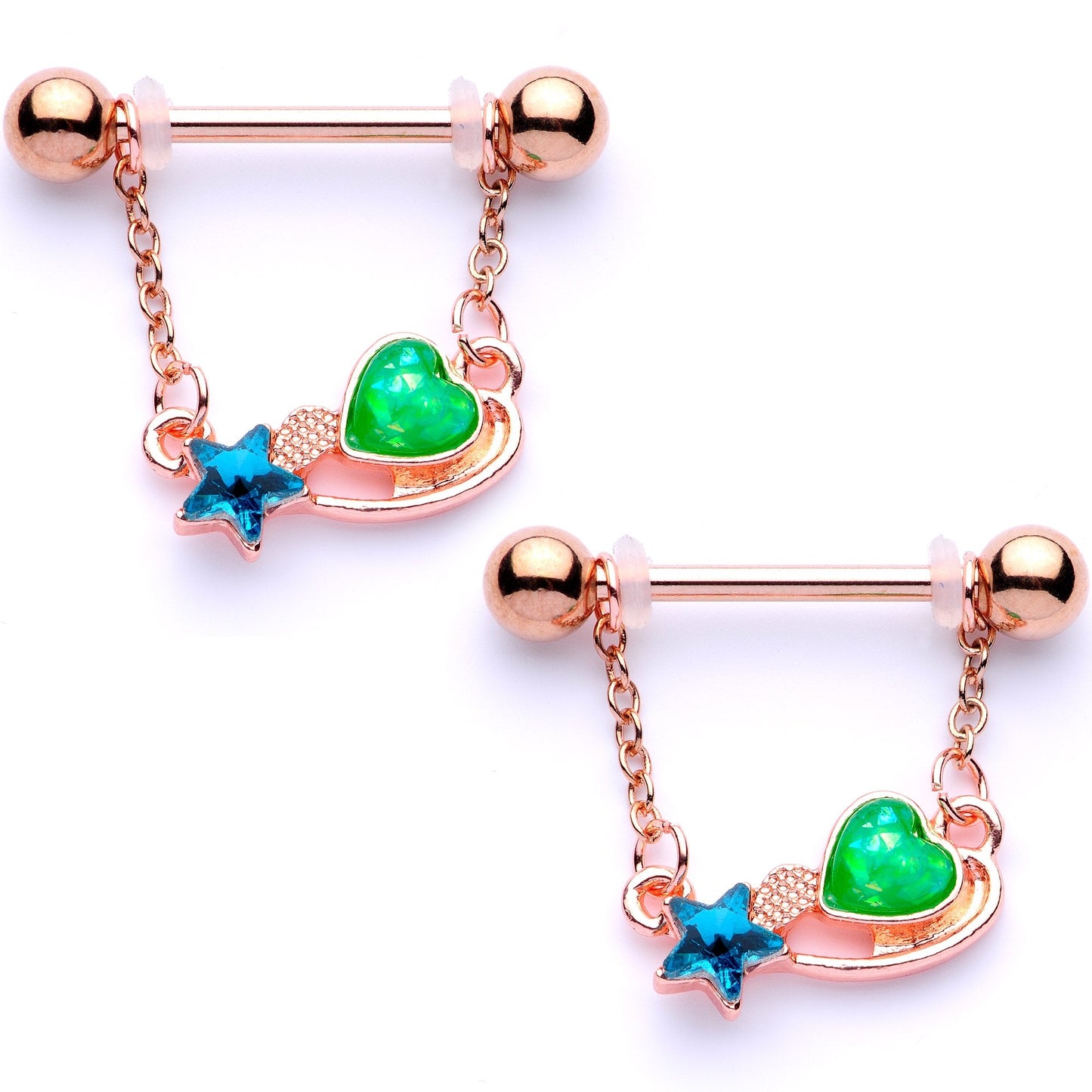 Blue Green Gem Rose Gold Tone Star Heart Dangle Barbell Nipple Ring Set