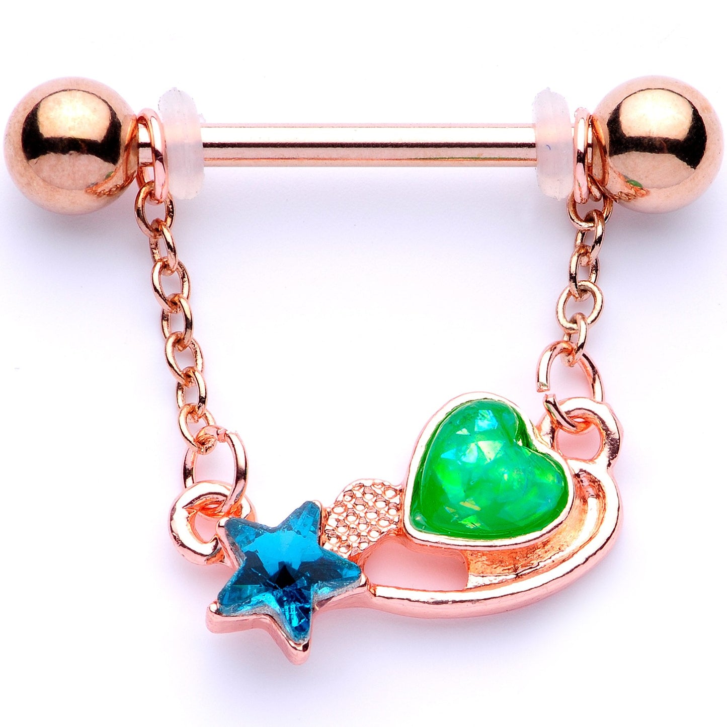 Blue Green Gem Rose Gold Tone Star Heart Dangle Barbell Nipple Ring Set