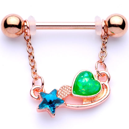 Blue Green Gem Rose Gold Tone Star Heart Dangle Barbell Nipple Ring Set