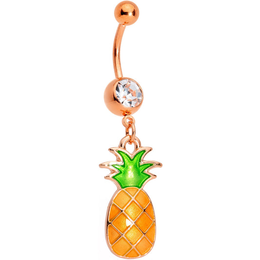 Clear Gem Rose Gold Tone Pineapple Dangle Belly Ring