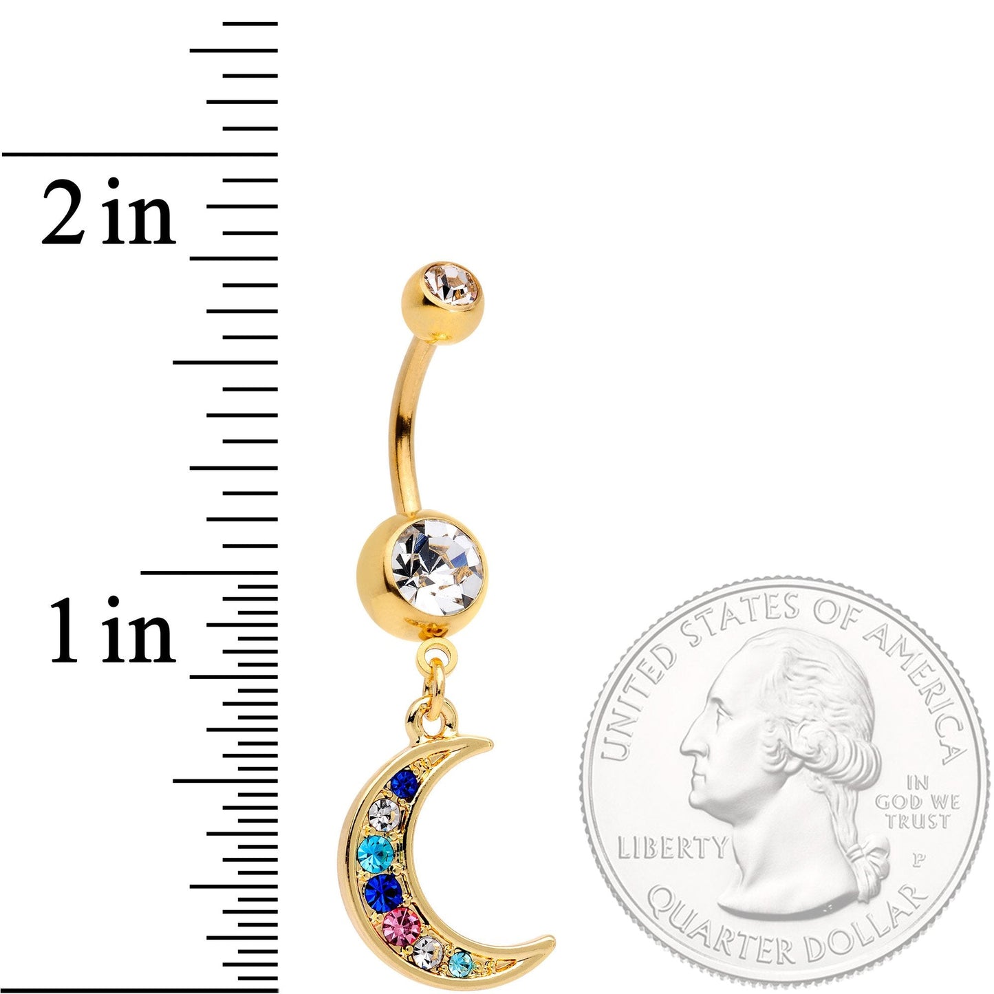 Multicolor Gem Gold Tone Crescent Moon Dangle Belly Ring