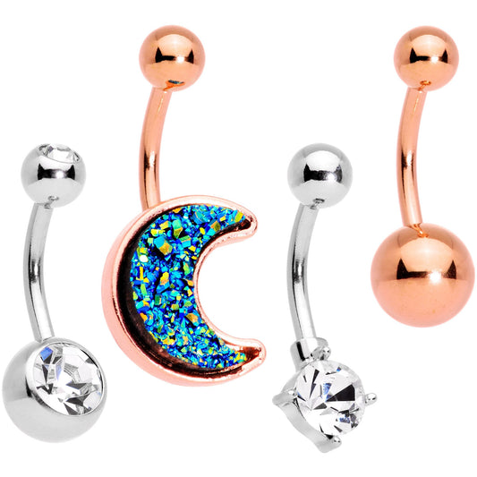 Clear Gem Blue Faux Druzy Rose Gold Tone Crescent Moon Belly Ring Set