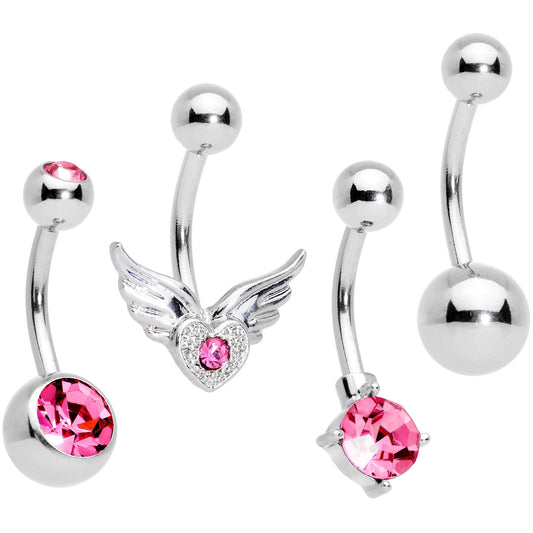 Pink Gem Valentines Day Winged Heart Belly Ring Set of 4