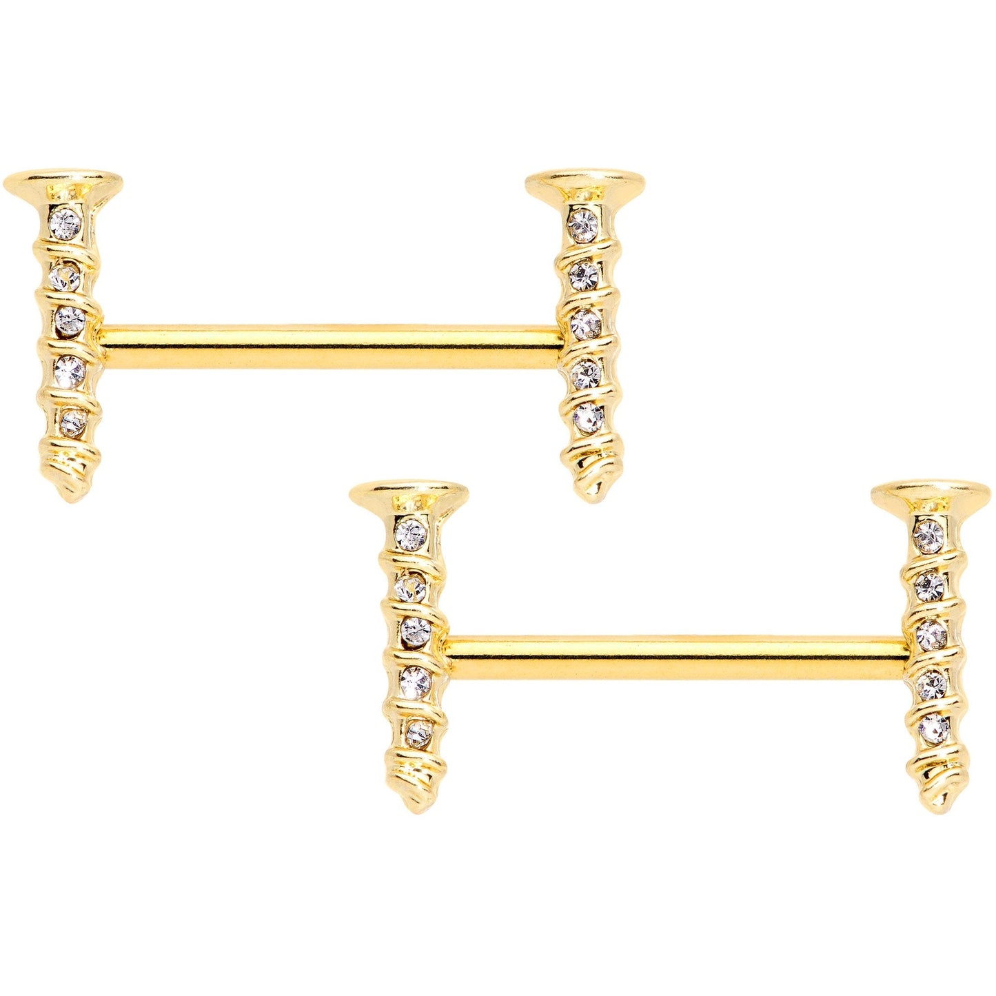 14 Gauge Clear Gem Gold Tone Screw Barbell Nipple Ring Set