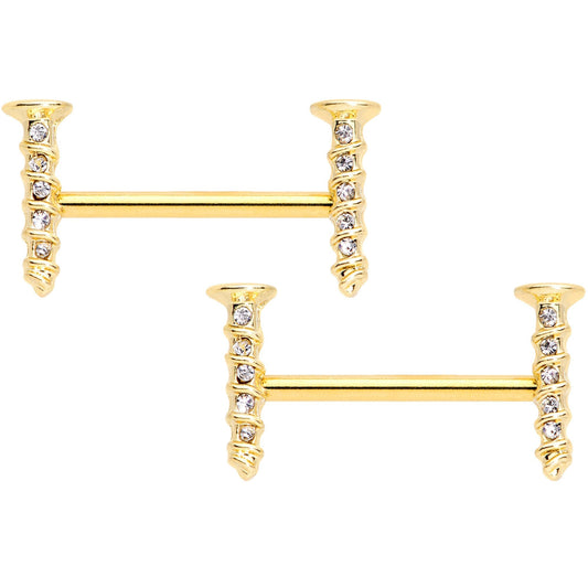 14 Gauge Clear Gem Gold Tone Screw Barbell Nipple Ring Set