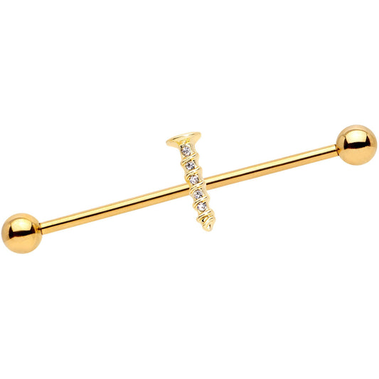 14 Gauge Clear Gem Gold Tone Screw Industrial Barbell 38mm