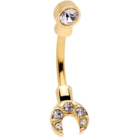 Clear Gem Gold Tone Crescent Wrench Double Mount Belly Ring