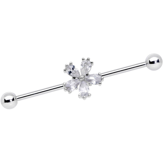 14 Gauge Clear CZ Gem Perfect Petals Flower Industrial Barbell 38mm